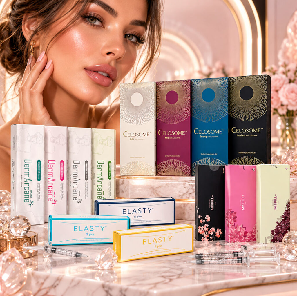 Model with glowing skin beside boxes of authentic Korean aesthetic products on a marble table