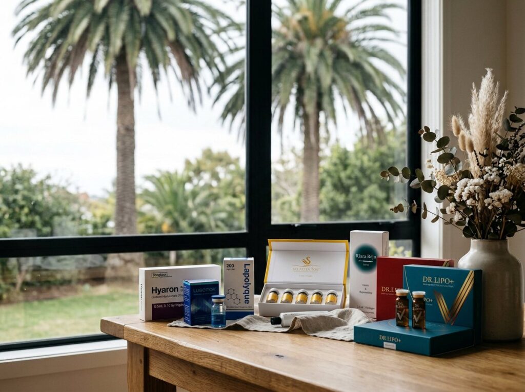 Korean skincare and aesthetic products arranged on a wooden table by a sunlit window